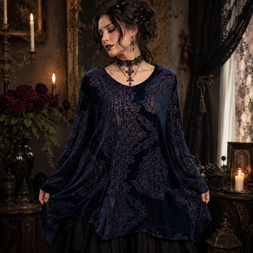 Nally & Millie Womens Sheer Velvet Burnout Tunic Top Sz M Blue Artsy Boho